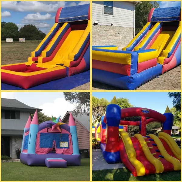 Collage of Bouncers R Us bounce house and water slide rentals in San Antonio