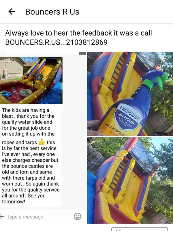 Text message from a Bouncers R Us customer praising the clean, quality water slide rental and setup